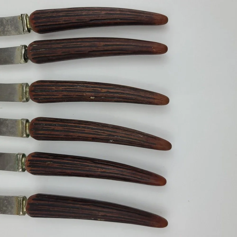 6 Vtg Regal Crest Steak Knives Sheffield England Stag Type Handles Stainless